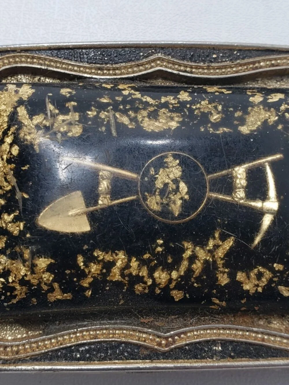 Vintage Gold Tone Black Mining Prospector Pick Shovel Western Belt Buckle